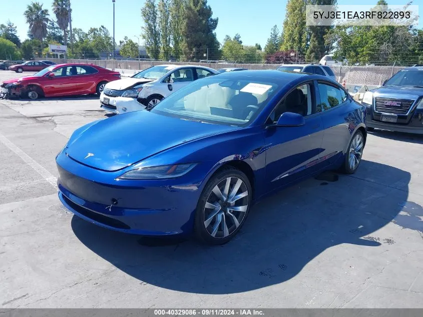 2024 Tesla Model 3 Rear-Wheel Drive VIN: 5YJ3E1EA3RF822893 Lot: 40329086