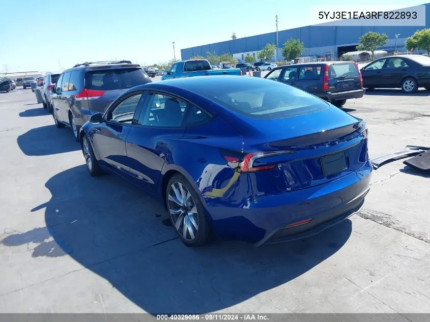 2024 Tesla Model 3 Rear-Wheel Drive VIN: 5YJ3E1EA3RF822893 Lot: 40329086