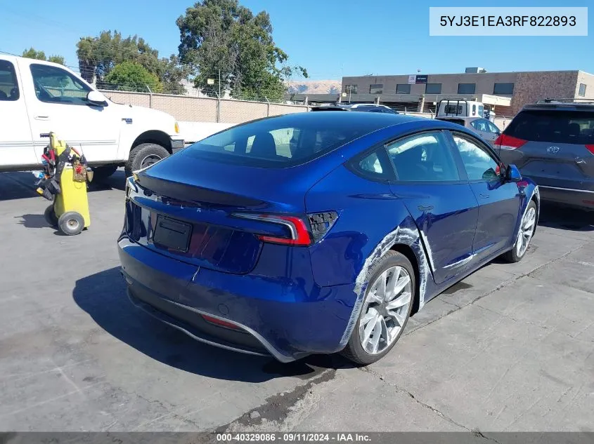 2024 Tesla Model 3 Rear-Wheel Drive VIN: 5YJ3E1EA3RF822893 Lot: 40329086