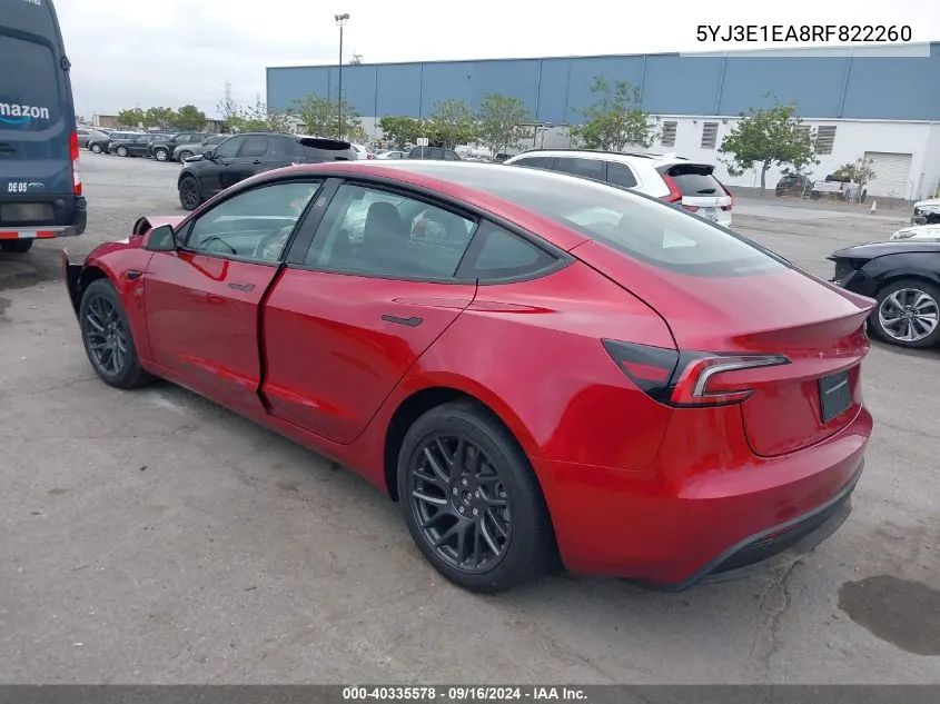 2024 Tesla Model 3 VIN: 5YJ3E1EA8RF822260 Lot: 40335578