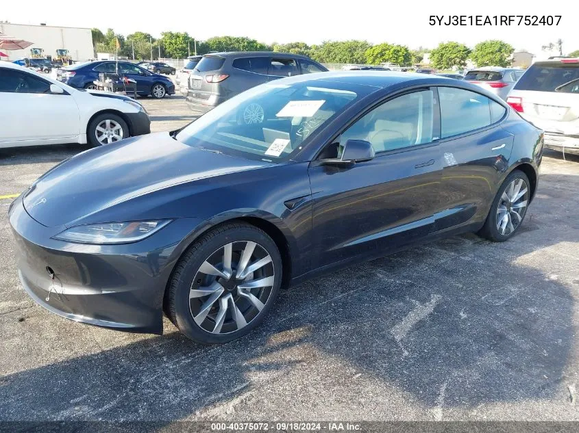 2024 Tesla Model 3 VIN: 5YJ3E1EA1RF752407 Lot: 40375072