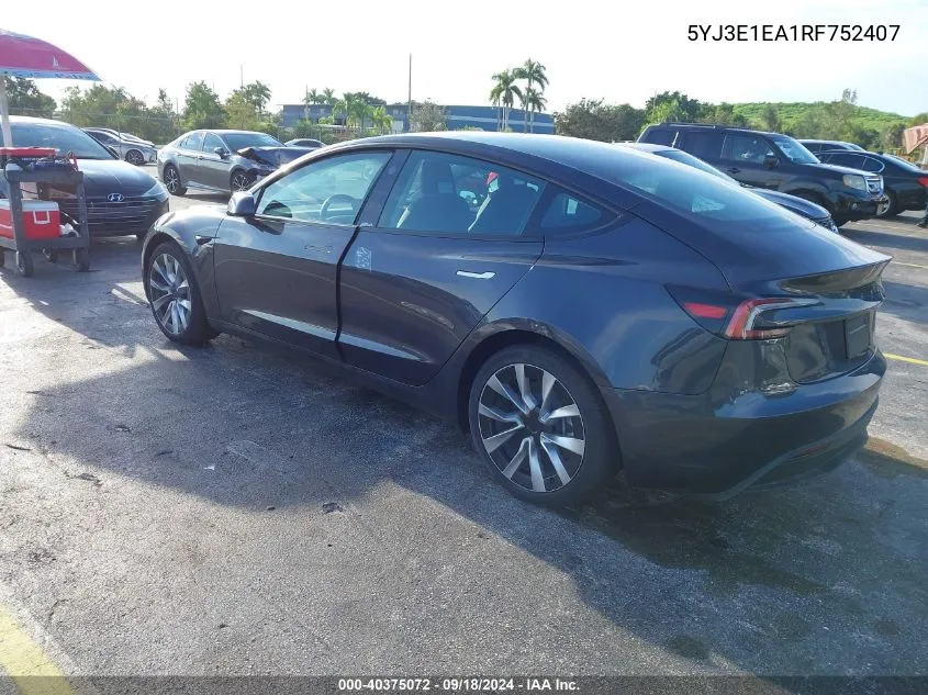 2024 Tesla Model 3 VIN: 5YJ3E1EA1RF752407 Lot: 40375072