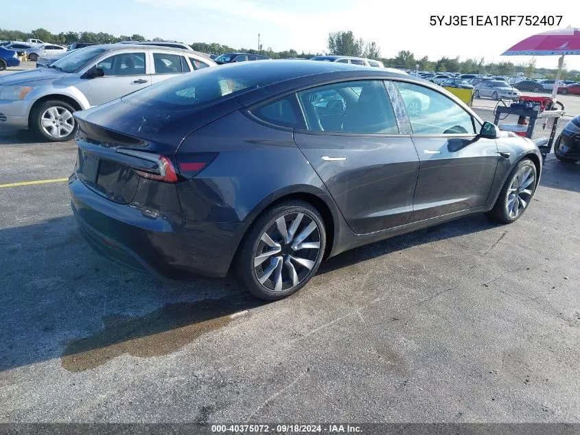 2024 Tesla Model 3 VIN: 5YJ3E1EA1RF752407 Lot: 40375072