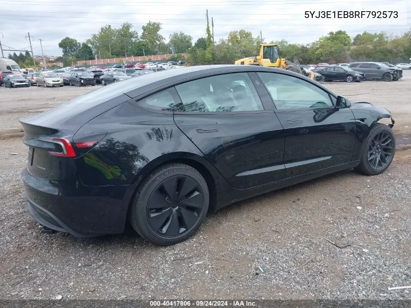 2024 Tesla Model 3 Long Range Dual Motor All-Wheel Drive VIN: 5YJ3E1EB8RF792573 Lot: 40417806