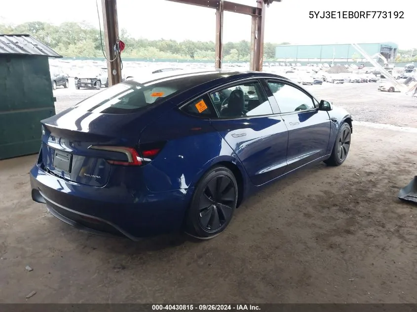 2024 Tesla Model 3 VIN: 5YJ3E1EB0RF773192 Lot: 40430815