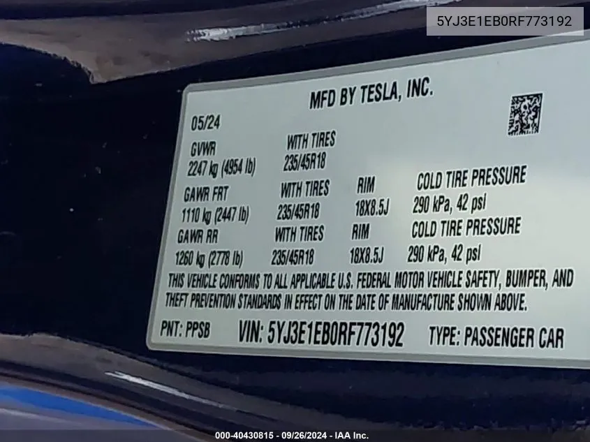 2024 Tesla Model 3 VIN: 5YJ3E1EB0RF773192 Lot: 40430815