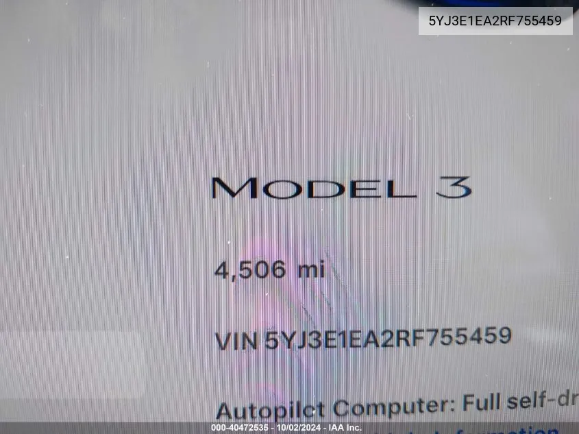 2024 Tesla Model 3 VIN: 5YJ3E1EA2RF755459 Lot: 40472535