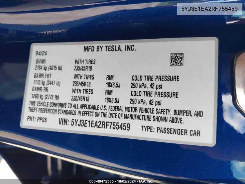 2024 Tesla Model 3 VIN: 5YJ3E1EA2RF755459 Lot: 40472535