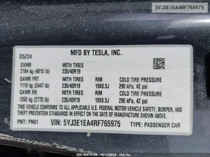 2024 Tesla Model 3 VIN: 5YJ3E1EA4RF765975 Lot: 40478109