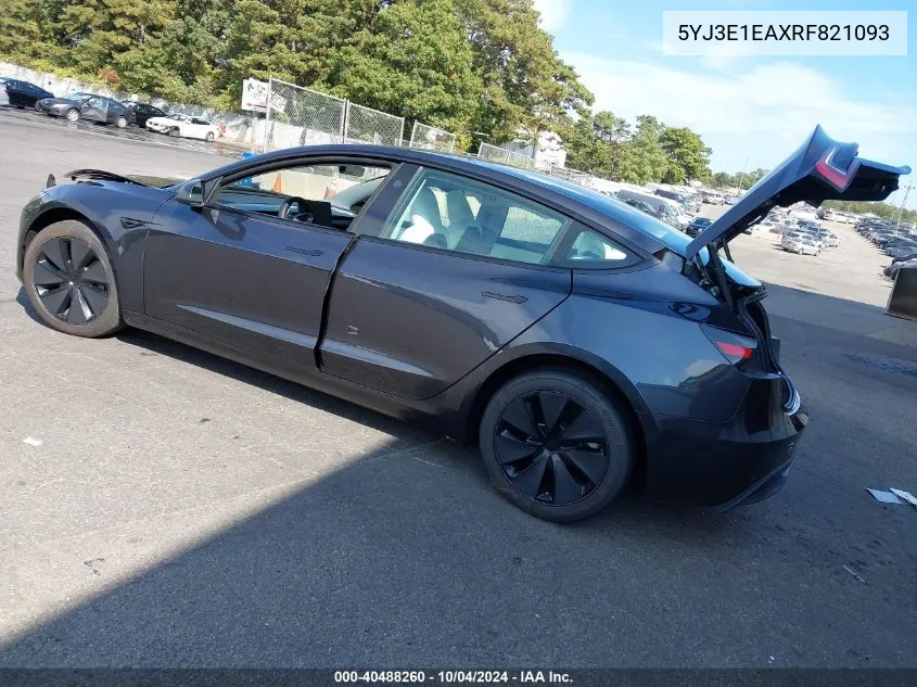 2024 Tesla Model 3 Rear-Wheel Drive VIN: 5YJ3E1EAXRF821093 Lot: 40488260