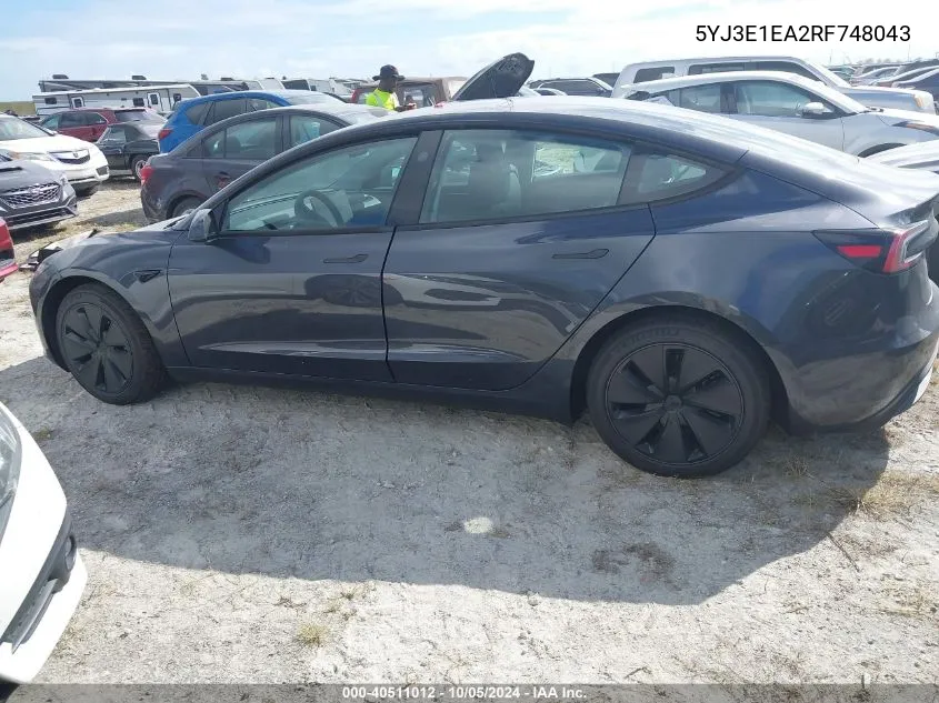 2024 Tesla Model 3 VIN: 5YJ3E1EA2RF748043 Lot: 40511012