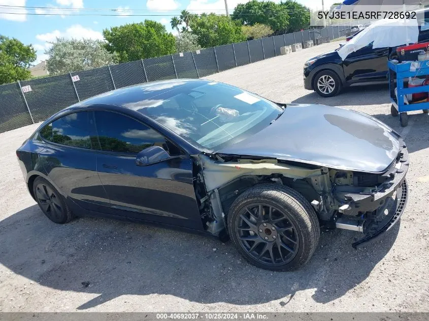 2024 Tesla Model 3 Rear-Wheel Drive VIN: 5YJ3E1EA5RF728692 Lot: 40692037