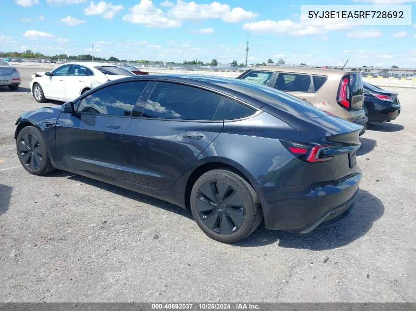 2024 Tesla Model 3 Rear-Wheel Drive VIN: 5YJ3E1EA5RF728692 Lot: 40692037