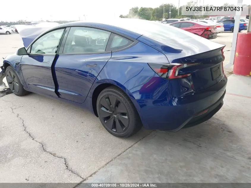 2024 Tesla Model 3 Rear-Wheel Drive VIN: 5YJ3E1EA7RF870431 Lot: 40709105