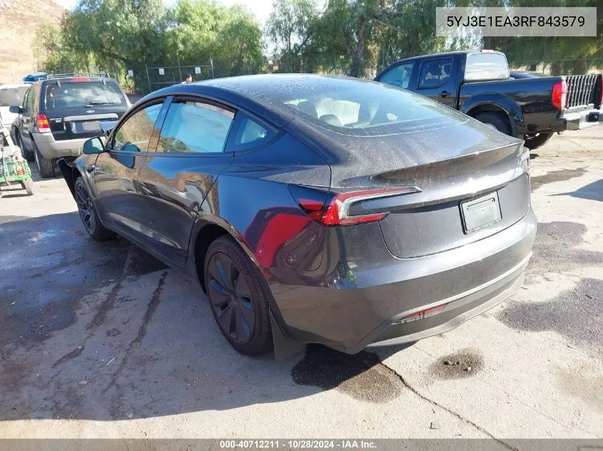 2024 Tesla Model 3 Rear-Wheel Drive VIN: 5YJ3E1EA3RF843579 Lot: 40712211