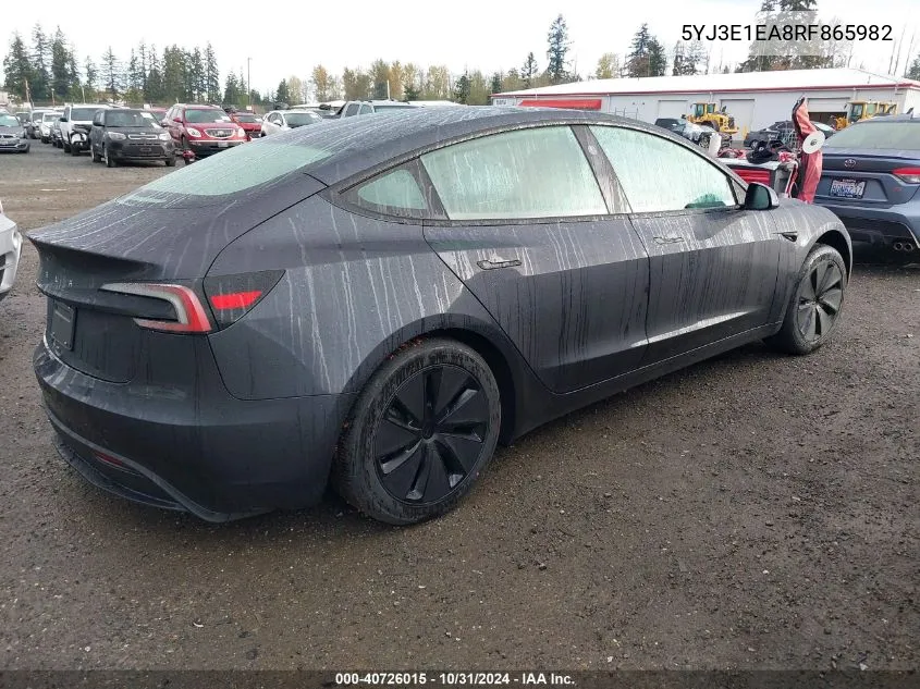 2024 Tesla Model 3 Rear-Wheel Drive VIN: 5YJ3E1EA8RF865982 Lot: 40726015