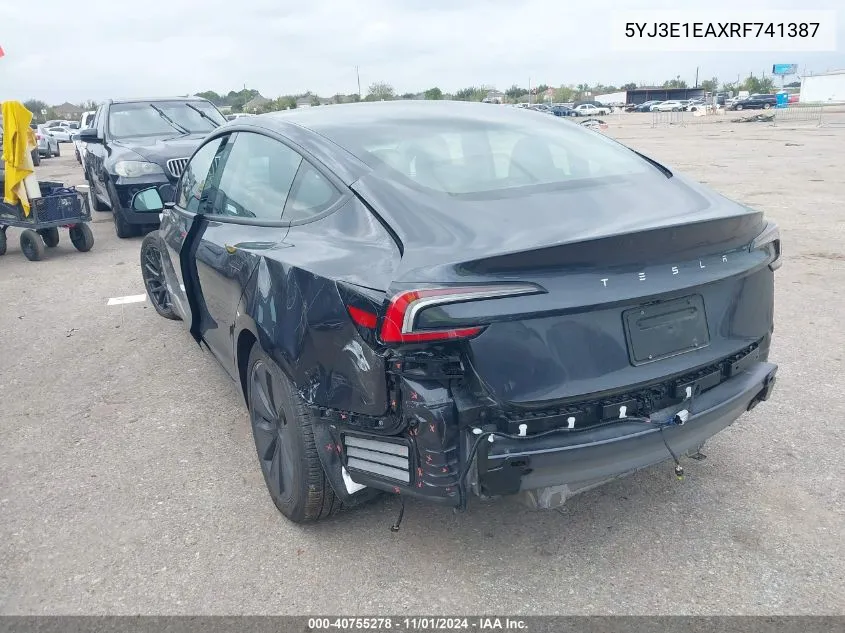 2024 Tesla Model 3 Rear-Wheel Drive VIN: 5YJ3E1EAXRF741387 Lot: 40755278