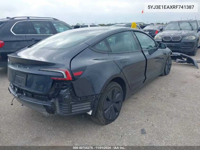 2024 Tesla Model 3 Rear-Wheel Drive VIN: 5YJ3E1EAXRF741387 Lot: 40755278