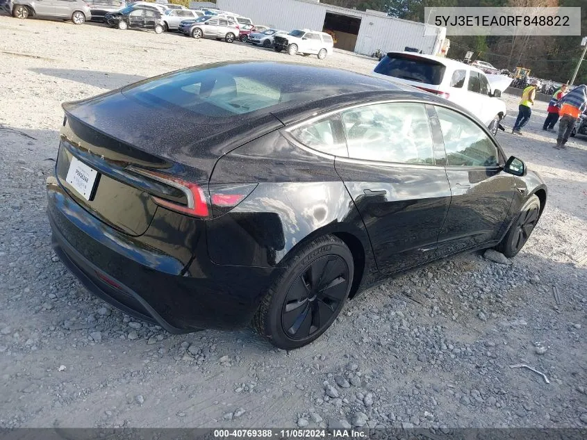 2024 Tesla Model 3 Rear-Wheel Drive VIN: 5YJ3E1EA0RF848822 Lot: 40769388