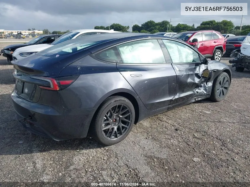 2024 Tesla Model 3 Rear-Wheel Drive VIN: 5YJ3E1EA6RF756503 Lot: 40786674