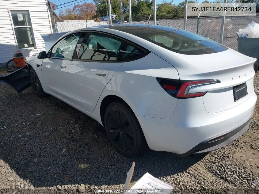 2024 Tesla Model 3 Rear-Wheel Drive VIN: 5YJ3E1EA6RF842734 Lot: 40816222