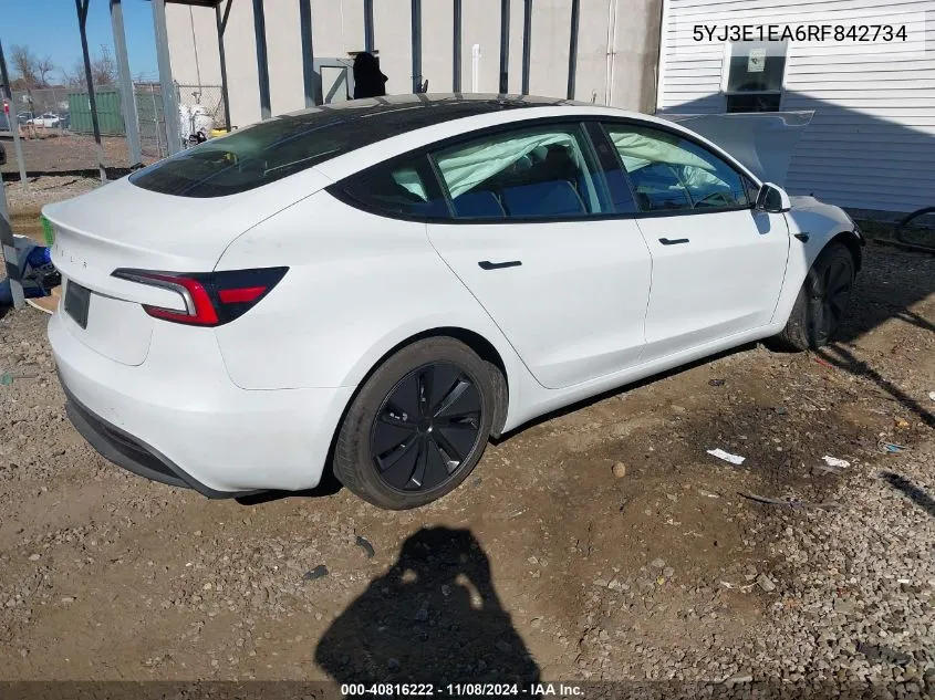 2024 Tesla Model 3 Rear-Wheel Drive VIN: 5YJ3E1EA6RF842734 Lot: 40816222