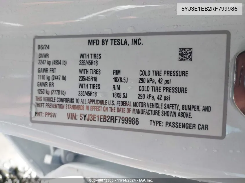 2024 Tesla Model 3 Long Range Dual Motor All-Wheel Drive VIN: 5YJ3E1EB2RF799986 Lot: 40873303