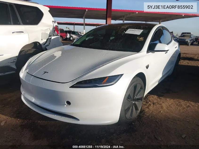 2024 Tesla Model 3 Rear-Wheel Drive VIN: 5YJ3E1EA0RF855902 Lot: 40881255