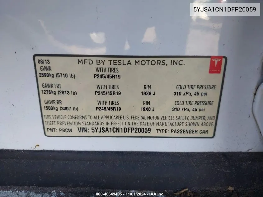 2013 Tesla Model S VIN: 5YJSA1CN1DFP20059 Lot: 40649495