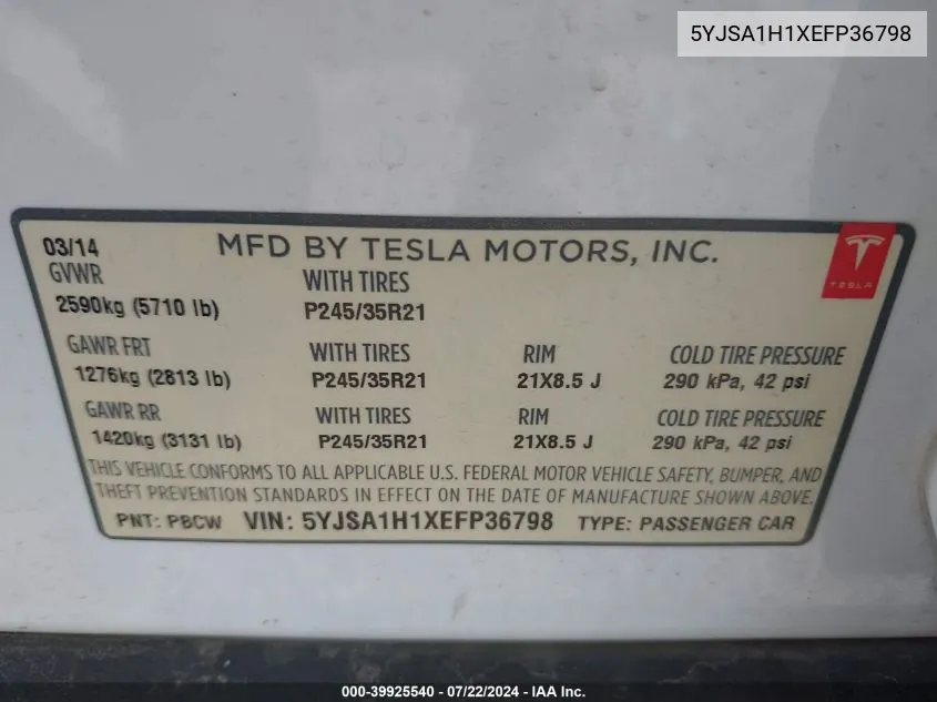 5YJSA1H1XEFP36798 2014 Tesla Model S P85