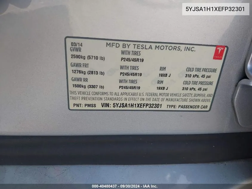 5YJSA1H1XEFP32301 2014 Tesla Model S P85