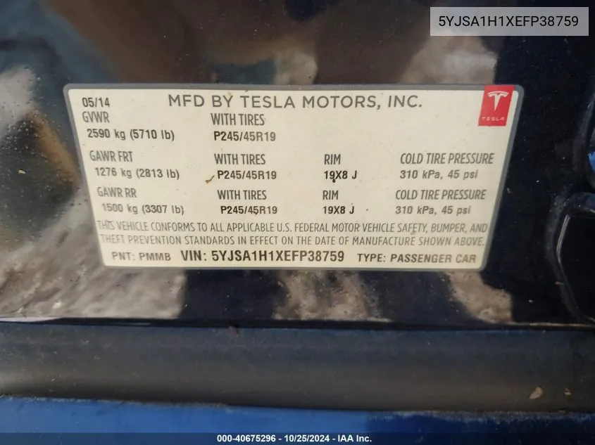 2014 Tesla Model S P85 VIN: 5YJSA1H1XEFP38759 Lot: 40675296