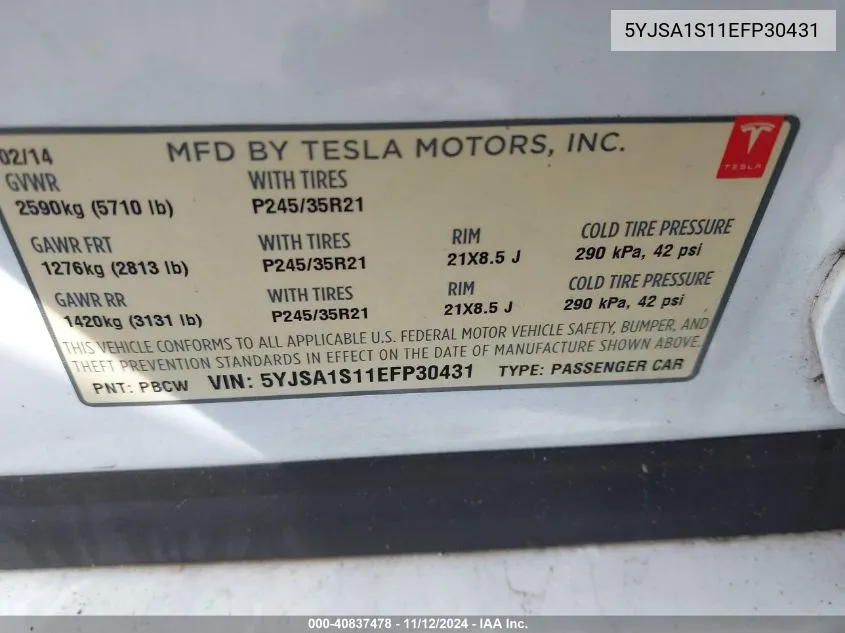 5YJSA1S11EFP30431 2014 Tesla Model S