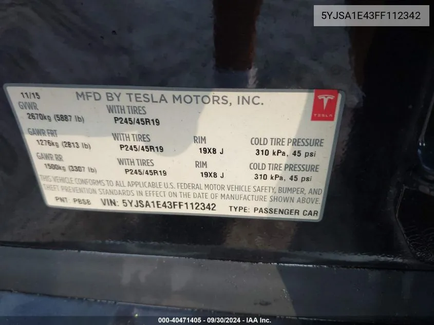 5YJSA1E43FF112342 2015 Tesla Model S