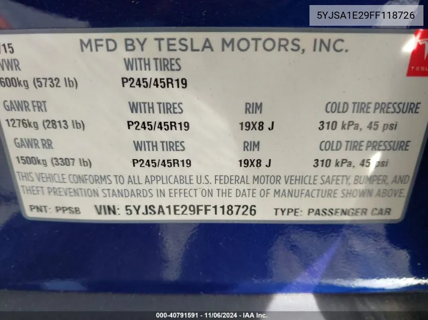 2015 Tesla Model S 70D/85D/P85D VIN: 5YJSA1E29FF118726 Lot: 40791591