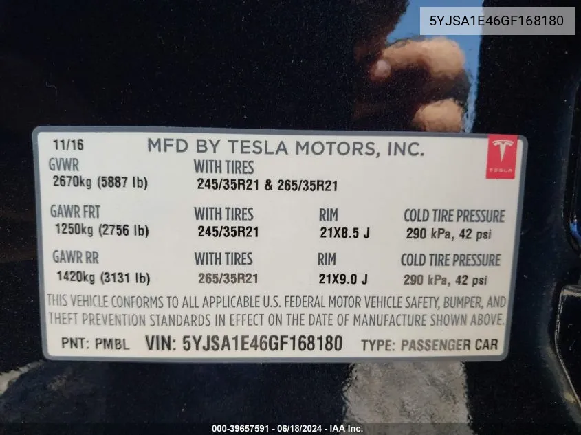 5YJSA1E46GF168180 2016 Tesla Model S 90D/P100D/P85D/P90D