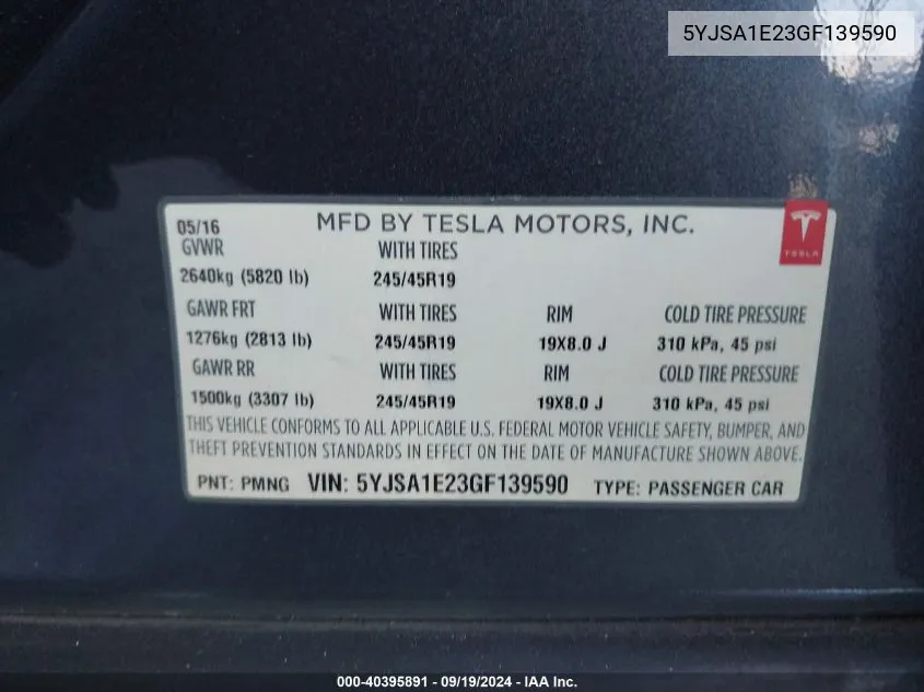 5YJSA1E23GF139590 2016 Tesla Model S 60D/70D/75D/85D/90D