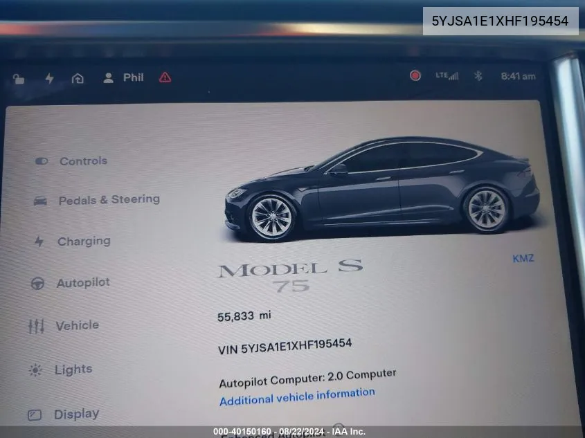 2017 Tesla Model S 60/75 VIN: 5YJSA1E1XHF195454 Lot: 40150160