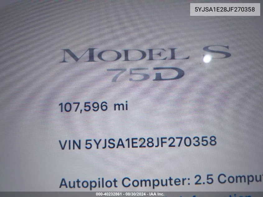 2018 Tesla Model S 100D/75D/P100D VIN: 5YJSA1E28JF270358 Lot: 40232861