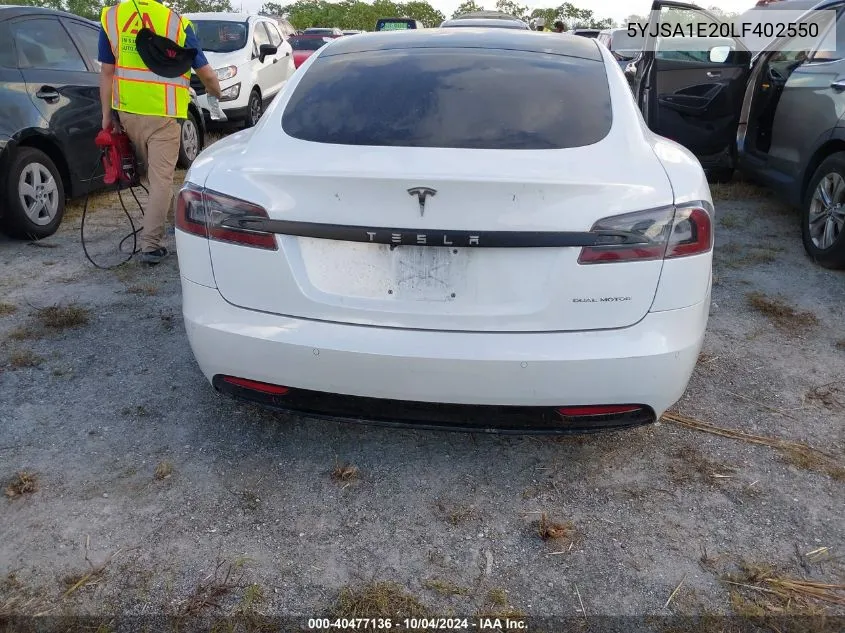 2020 Tesla Model S Long Range Dual Motor All-Wheel Drive/Long Range Plus Dual Motor All-Wheel Drive VIN: 5YJSA1E20LF402550 Lot: 40477136