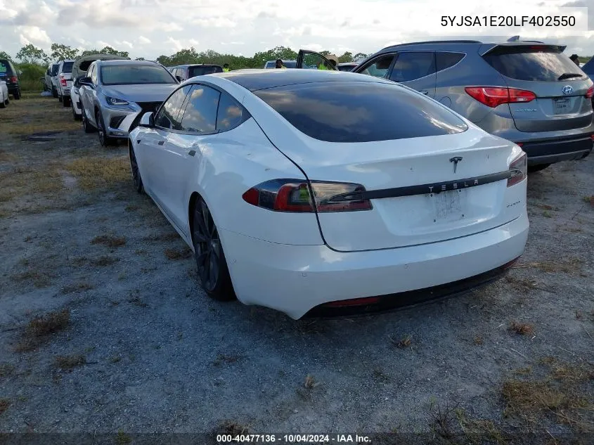 2020 Tesla Model S Long Range Dual Motor All-Wheel Drive/Long Range Plus Dual Motor All-Wheel Drive VIN: 5YJSA1E20LF402550 Lot: 40477136