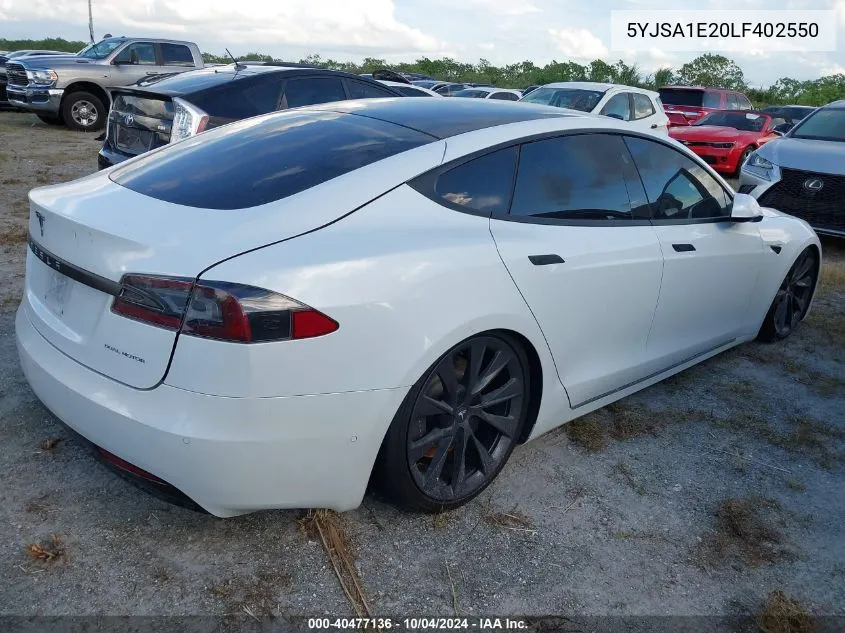 2020 Tesla Model S Long Range Dual Motor All-Wheel Drive/Long Range Plus Dual Motor All-Wheel Drive VIN: 5YJSA1E20LF402550 Lot: 40477136