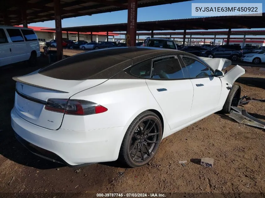 2021 Tesla Model S Plaid Tri Motor All-Wheel Drive VIN: 5YJSA1E63MF450922 Lot: 39787745