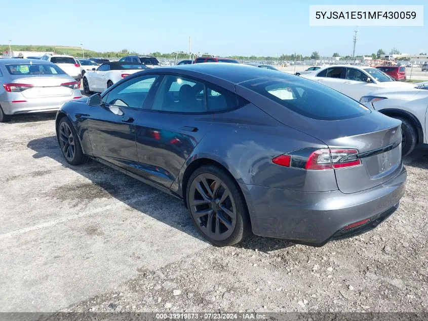 2021 Tesla Model S Long Range Dual Motor All-Wheel Drive VIN: 5YJSA1E51MF430059 Lot: 39919873