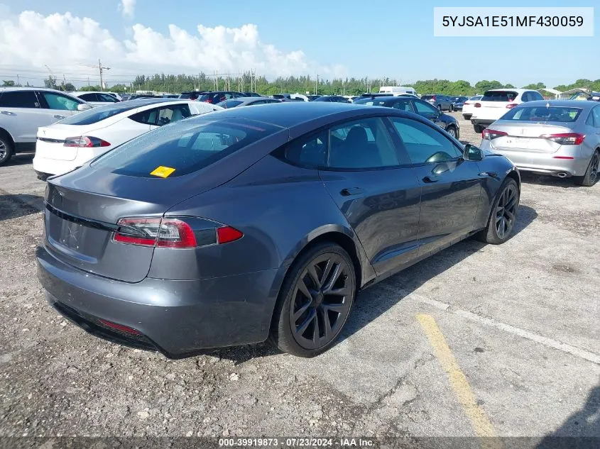 2021 Tesla Model S Long Range Dual Motor All-Wheel Drive VIN: 5YJSA1E51MF430059 Lot: 39919873