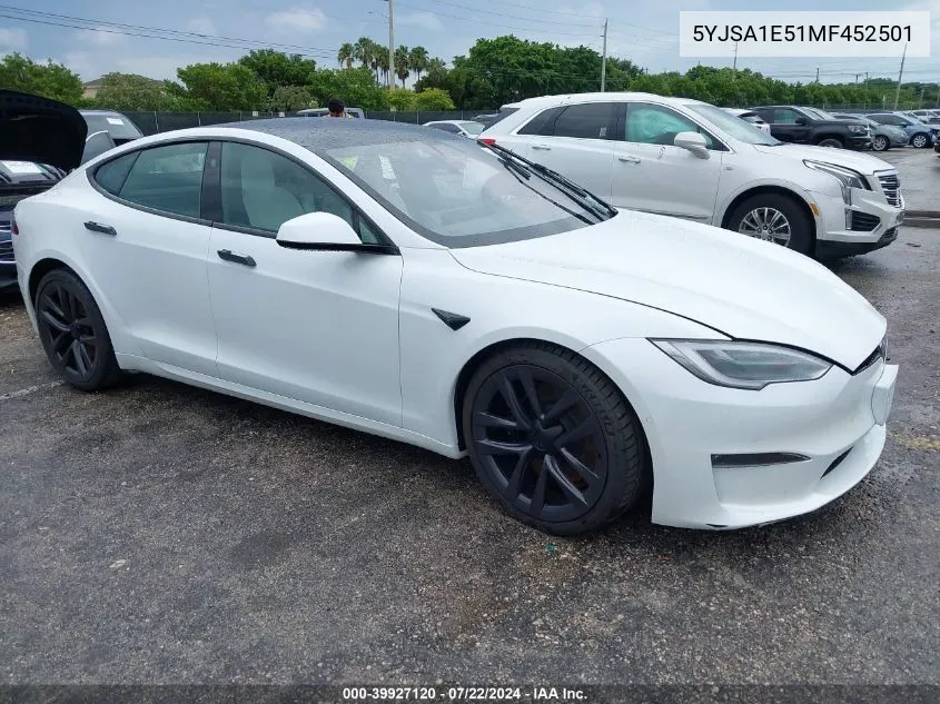 2021 Tesla Model S Long Range Dual Motor All-Wheel Drive VIN: 5YJSA1E51MF452501 Lot: 39927120