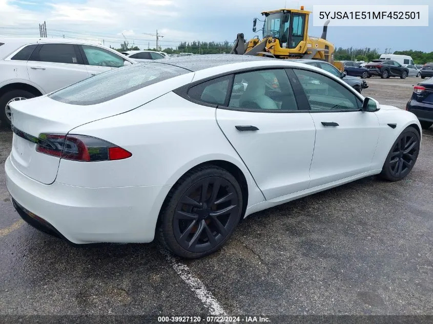 2021 Tesla Model S Long Range Dual Motor All-Wheel Drive VIN: 5YJSA1E51MF452501 Lot: 39927120