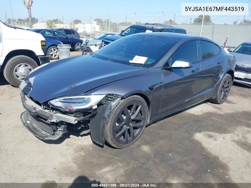 2021 Tesla Model S Plaid Tri Motor All-Wheel Drive VIN: 5YJSA1E67MF443519 Lot: 40451398