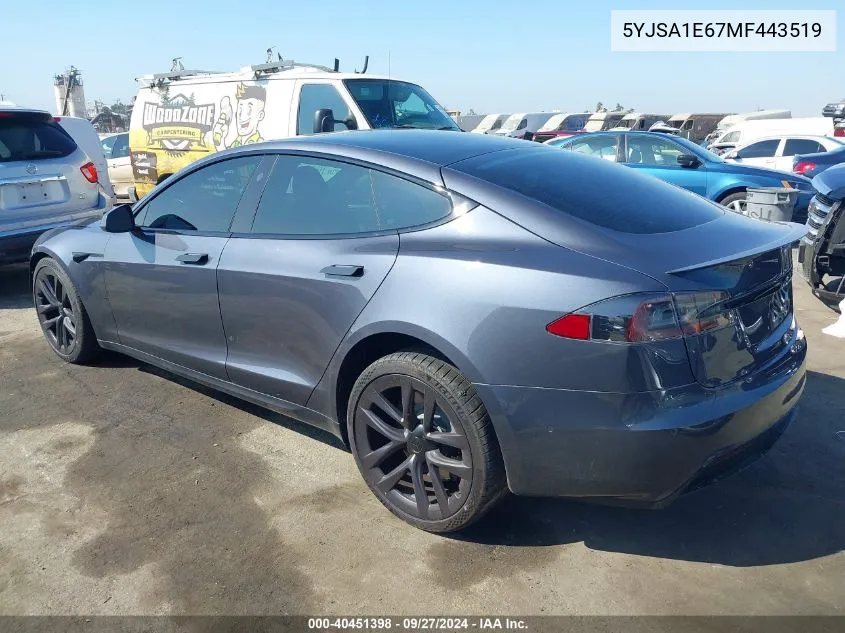 2021 Tesla Model S Plaid Tri Motor All-Wheel Drive VIN: 5YJSA1E67MF443519 Lot: 40451398