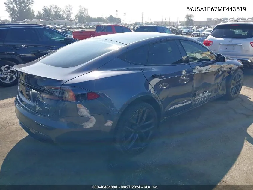 2021 Tesla Model S Plaid Tri Motor All-Wheel Drive VIN: 5YJSA1E67MF443519 Lot: 40451398